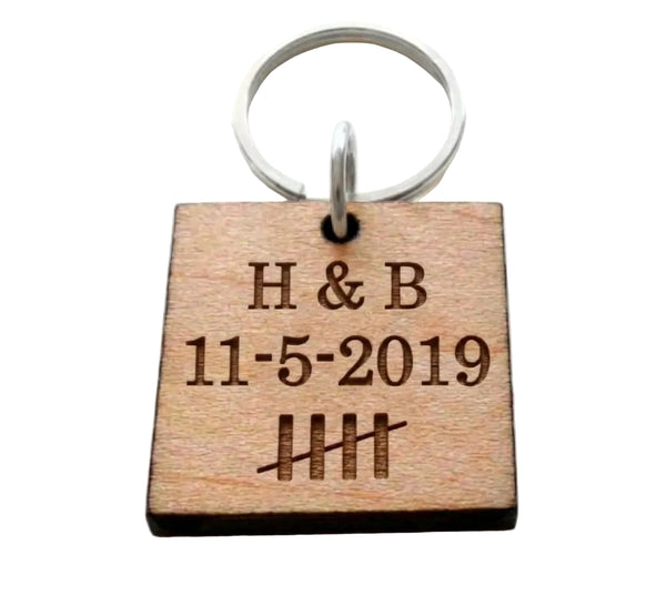 5 Year Anniversary Wood Keychain, Custom Engraved and with 5 Tally Marks by JewelryEveryday