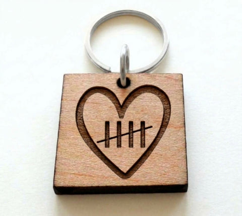 5 Year Anniversary Wood Keychain, 5 Tally Marks Heart Image Engraved by JewelryEveryday