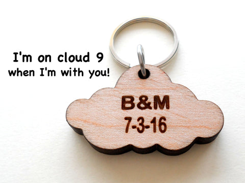 Custom Personalized Wood Cloud Keychain, Engraved Initials, Anniversary Gift, Husband Wife Key Chain, Boyfriend Girlfriend Gift, Customized Couples Keychain