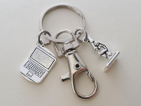 Science Keychain with Computer Laptop & Microscope Charm, and Swivel Clasp Hook, Lab Student or Teacher Keychain