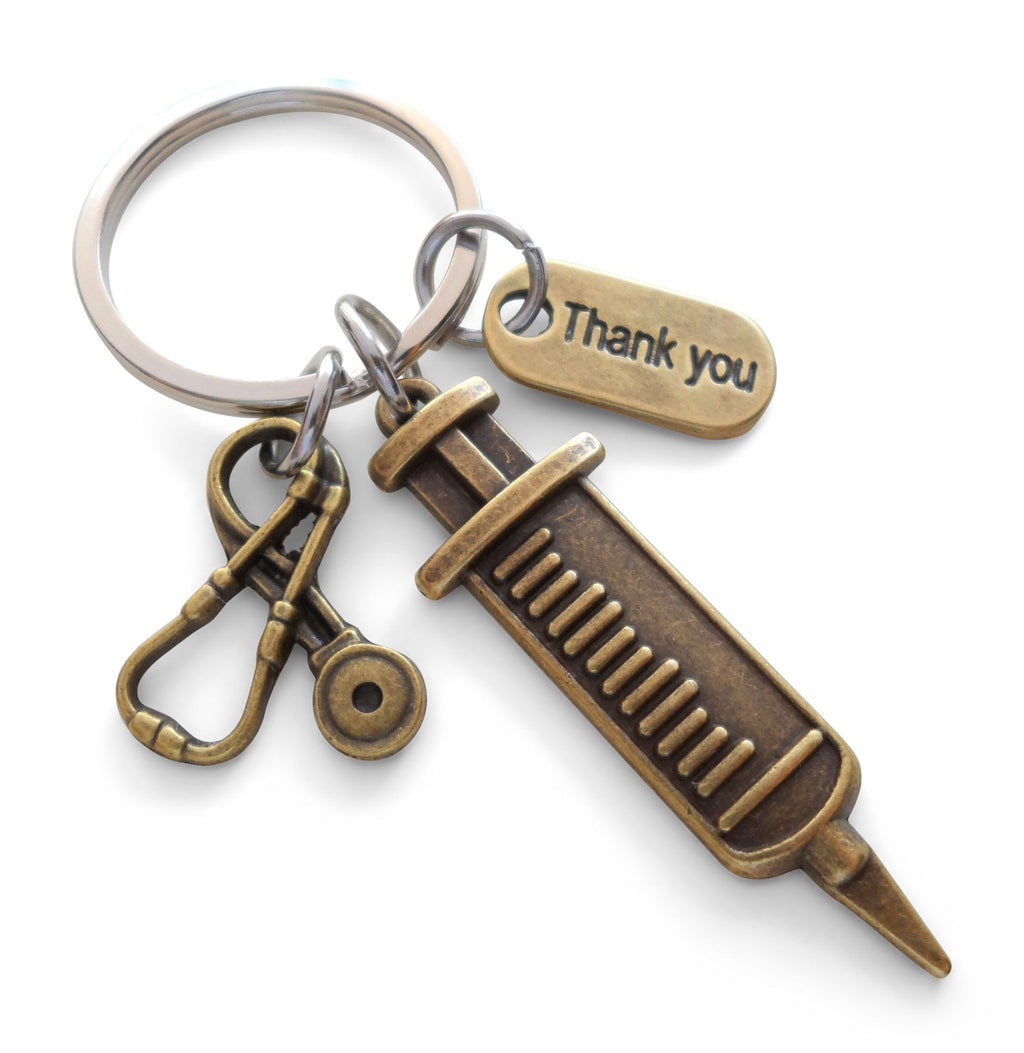 Bronze Syringe & Stethoscope Charm Keychain, Nurse Gift, Hospital Staff Appreciation Gift, Medical Team Gift, Thank You Gift