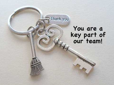 Housekeeping Appreciation Gift Keychain; Key, Broom, & Thank You Charm Keychain