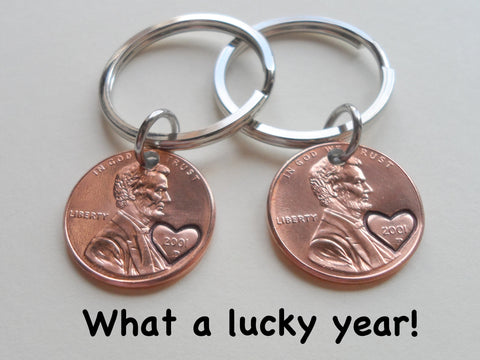 Double Keychain Set 2001 Penny Keychains with Engraved Heart Around Year; 21 Year Anniversary Gift, Couples Keychain