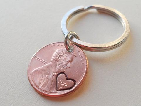2001 Penny Keychain with Engraved Heart Around Year; 21 Year Anniversary Gift, Couples Keychain