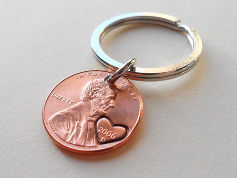 2006 Penny Keychain with Engraved Heart Around Year; 16 Year Anniversary, Couples Keychain