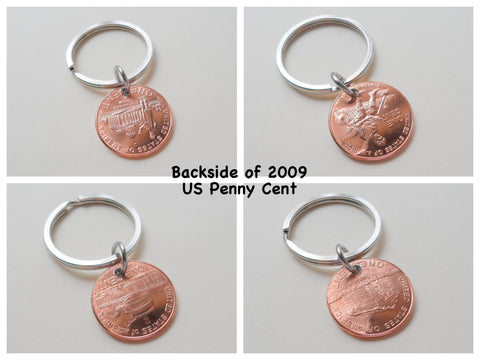 Steel Disc Hand Stamped with "Lucky Us" with 2009 Penny Layered Keychain with Heart Around Year; 13 Year Anniversary Gift, Couples Keychain