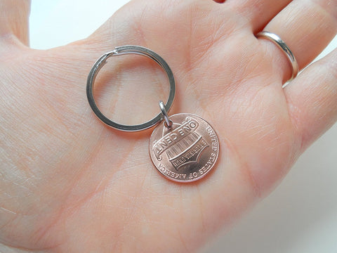 Clover Charm Layered Over 2015 Penny Keychain; 7 Year Anniversary Gift, Birthday Gift, Couples Keychain