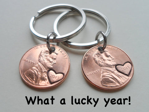 Double Keychain Set 2013 Penny Keychains with Engraved Heart Around Year; 9 Year Anniversary Gift, Couples Keychain