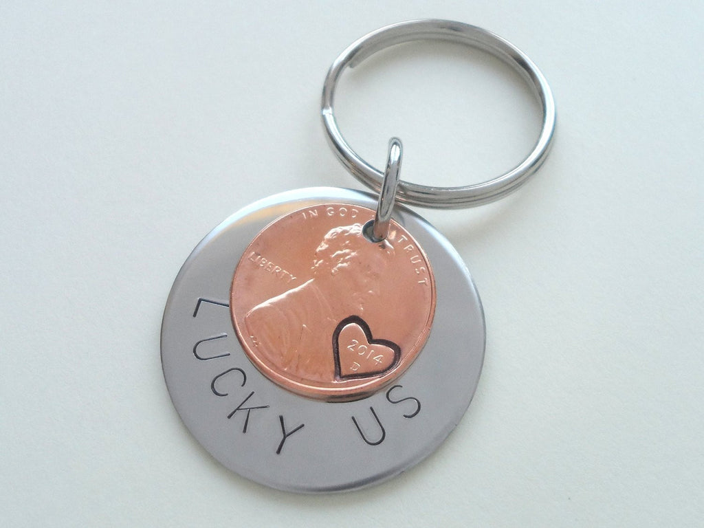 Steel Disc & 2014 Penny Keychain Hand Stamped "Lucky Us"; 8 Year Anniversary Gift, Couples Keychain