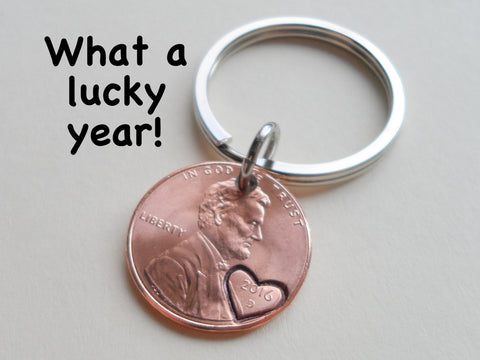 2016 Penny Keychain with Heart Around Year; 8 Year Anniversary Gift, Couples Keychain
