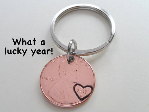 2017 Penny Keychain with Heart Around Year; 5 Year Anniversary Gift, Couples Keychain