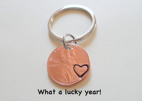 2019 US One Cent Penny Keychain with Heart Around Year; 5-year Anniversary Gift, Couples Keychain