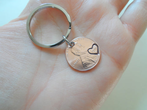 2019 US One Cent Penny Keychain with Heart Around Year; 6 Year Anniversary Gift, Couples Keychain