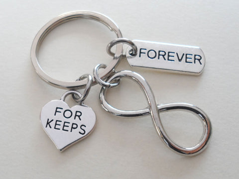 Infinity Symbol Keychain with "For Keeps" Heart & Forever Tag Charm; Couples Keychain