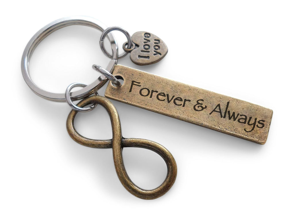 Bronze Infinity Symbol Charm Keychain With I Love You Heart Charm and "Forever & Always" Tag, Anniversary, Valentine's Keychain