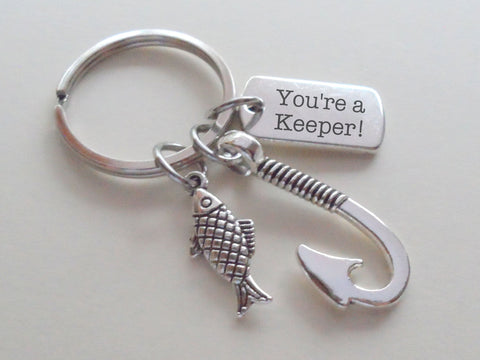 Fish Hook & Fish Charm Keychain with Engraved Tag for Couples or Best Friends, Anniversary Gift Keychain