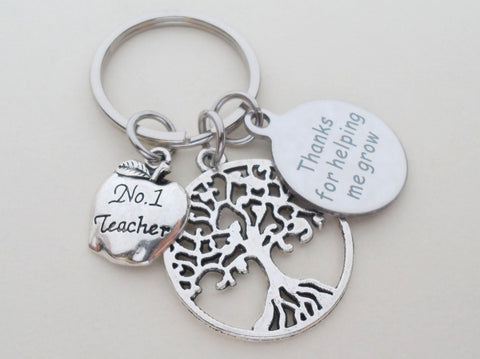 Thanks for Helping Me Grow Engraved Disc with Tree & No.1 Teacher Apple Charm Keychain Gift, Teacher Appreciation Gift