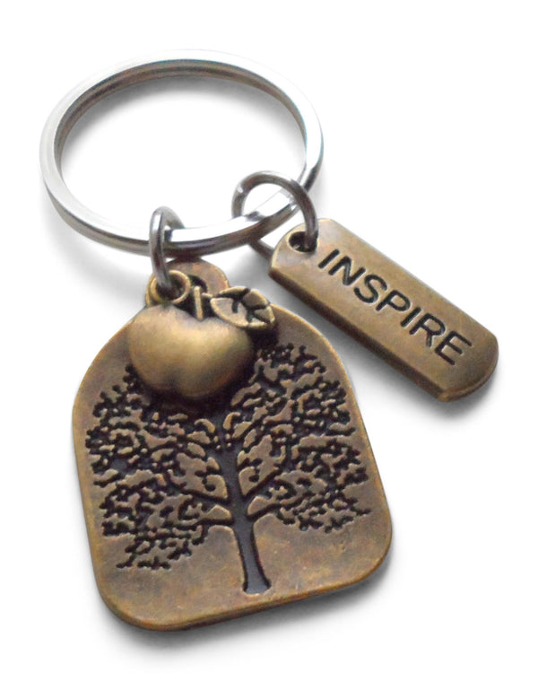 Bronze Tree Tag Charm Keychain Gift, With Inspire Tag & Apple Charm - Thanks for Helping Me Grow