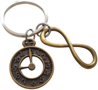 Bronze Clock Keychain With Infinity Charm - I Still Love Being With You After All This Time; Couples Keychain