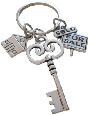 Key Charm Keychain with House Charm & For Sale Sold Sign Charm, Realtor or First Time Home Buyer Keychain