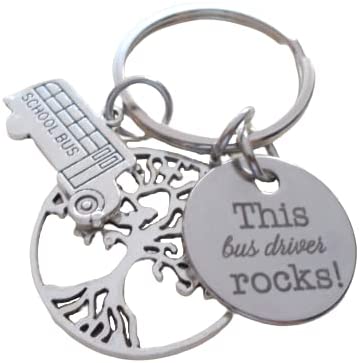 School Bus Driver Appreciation Keychain, Tree, Bus Charm & "This Bus Driver Rocks" Disc Charm Keychain