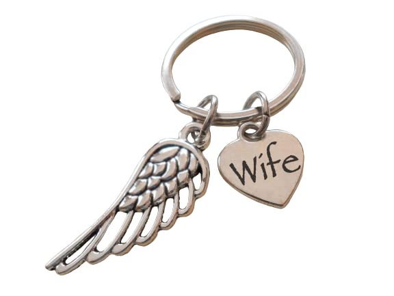 Wife Memorial Keychain, Wing Charm and Wife Heart Charm; My Guardian Angel Keychain