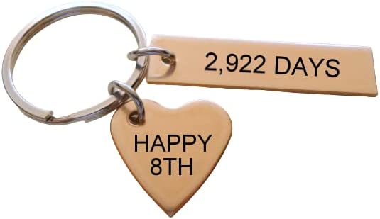 Bronze Tag Keychain, Rectangle Engraved with "2,922 Days", and Heart Tag Engraved "Happy 8th"; 8 Year Anniversary Couples Keychain