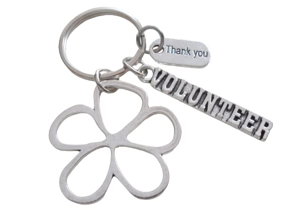 Volunteer Charm Keychain with Flower Outline Charm, Volunteer Charm, and Thank You Charm, Volunteer Appreciation Keychain