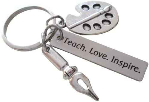 Art Palette Charm Keychain with Calligraphy Pen Charm, & Engraved Tag "Teach. Love. Inspire.", Art Teacher
