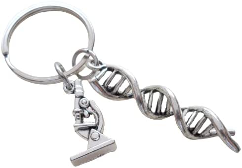 DNA Molecule Double Helix Keychain with Microscope Charm, Science Keychain, Graduate Student Keychain
