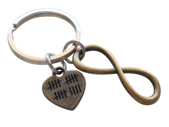 Bronze Infinity Charm Keychain & Heart Tag with 19 Tally Marks for Couples 19 Year Anniversary