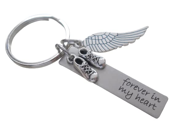 Forever in My Heart Engraved Steel Rectangle Tag Keychain with Baby Shoes & Wing Charm, Memorial Keychain