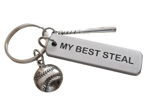 Custom Engraved "My Best Steal" Aluminum Tag Keychain with Baseball & Bat Charm; Couples Anniversary Gift