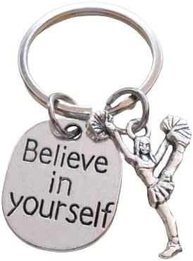 Cheerleading Keychain with Cheerleader Charm and Believe in Yourself Charm, Cheer Keychain