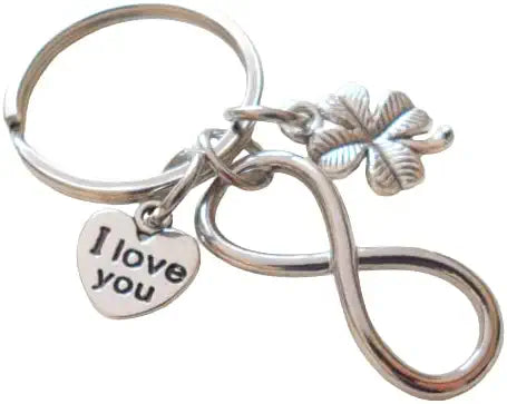 Infinity Charm Keychain with an I Love You Heart & Clover Charm, Couples Keychain