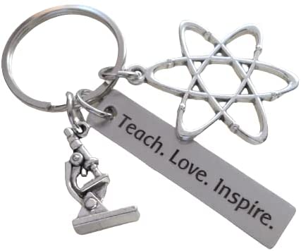 Atom & Microscope Keychain with Engraved Tag "Teach. Love. Inspire.", Chemistry, Microbiologist, Physics, or Science Teacher Keychain