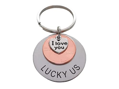 Custom Engraved Steel Disc Keychain with Penny & I Love You Heart Charm, Anniversary Husband Wife Key Chain, Boyfriend Girlfriend Customized Couples Keychain