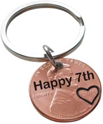 2015 US One Cent Penny Keychain with Engraved "Happy 7th" and Heart Around Year; 7 Year Anniversary Couples Keychain