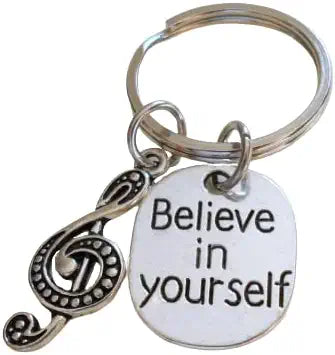 Music Keychain with Treble Clef Charm and Believe in Yourself Charm, Musician or Music Teacher Keychain