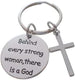 Religious Christian Keychain, Behind Every Strong Woman There is a God Disc Charm with Cross Charm