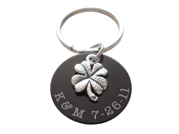 Custom Engraved Anodized Aluminum Disc Anniversary Keychain With Clover Charm, Couples Keychain
