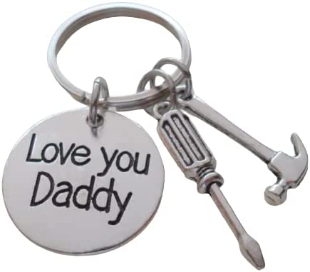 Love You Daddy Disc Keychain with Hammer & Screwdriver Charm, Father's Keychain