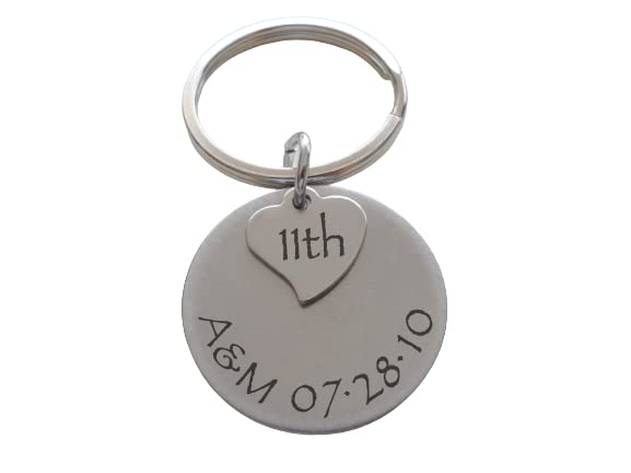 Custom Engraved Stainless Steel Disc Keychain with Heart Tag for Couples 11 Year Anniversary Gift Keychain, Add Backside Engraving