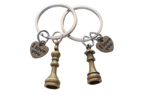 Bronze Small Chess Piece Charm Keychains with I Love You Heart Charms, King and Queen Set - Couples Keychain Set