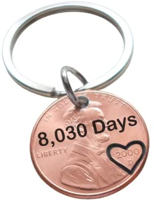 2000 US One Cent Penny Keychain with Engraved "8,030 Days" and Heart Around Year; 22 Year Anniversary Couples Keychain