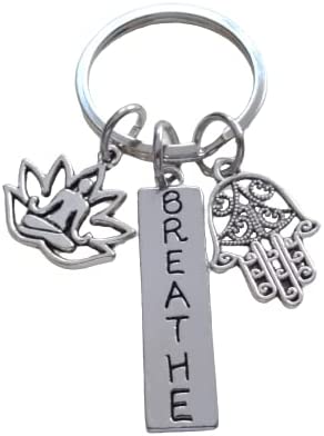 Yoga Teacher or Student Keychain, Breathe Tag Charm, Hamsa Hand Charm & Yoga Lotus Pose Charm