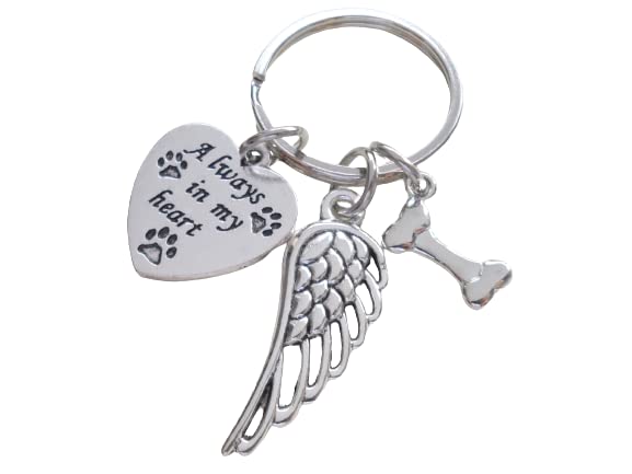 Always in My Heart & Paw Prints on Heart Charm Keychain with Wing Charm and Bone Charm, Pet Memorial Keychain