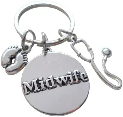 Midwife Keychain, Baby Feet Charm, Stethoscope Charm, and Midwife Disc Charm Keychain, Appreciation Keychain