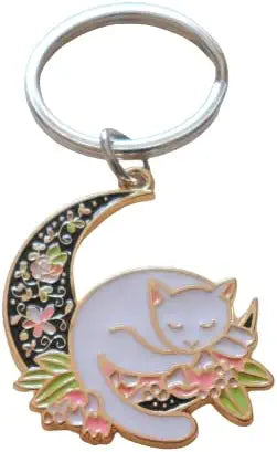 White Cat Sleeping on Moon Charm Keychain with Flower Design, Cat Person Keychain, Cat Lady Keychain