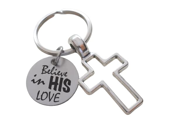 Cross Charm Keychain with Engraved Disc Saying "Believe in His Love", Religious Keychain